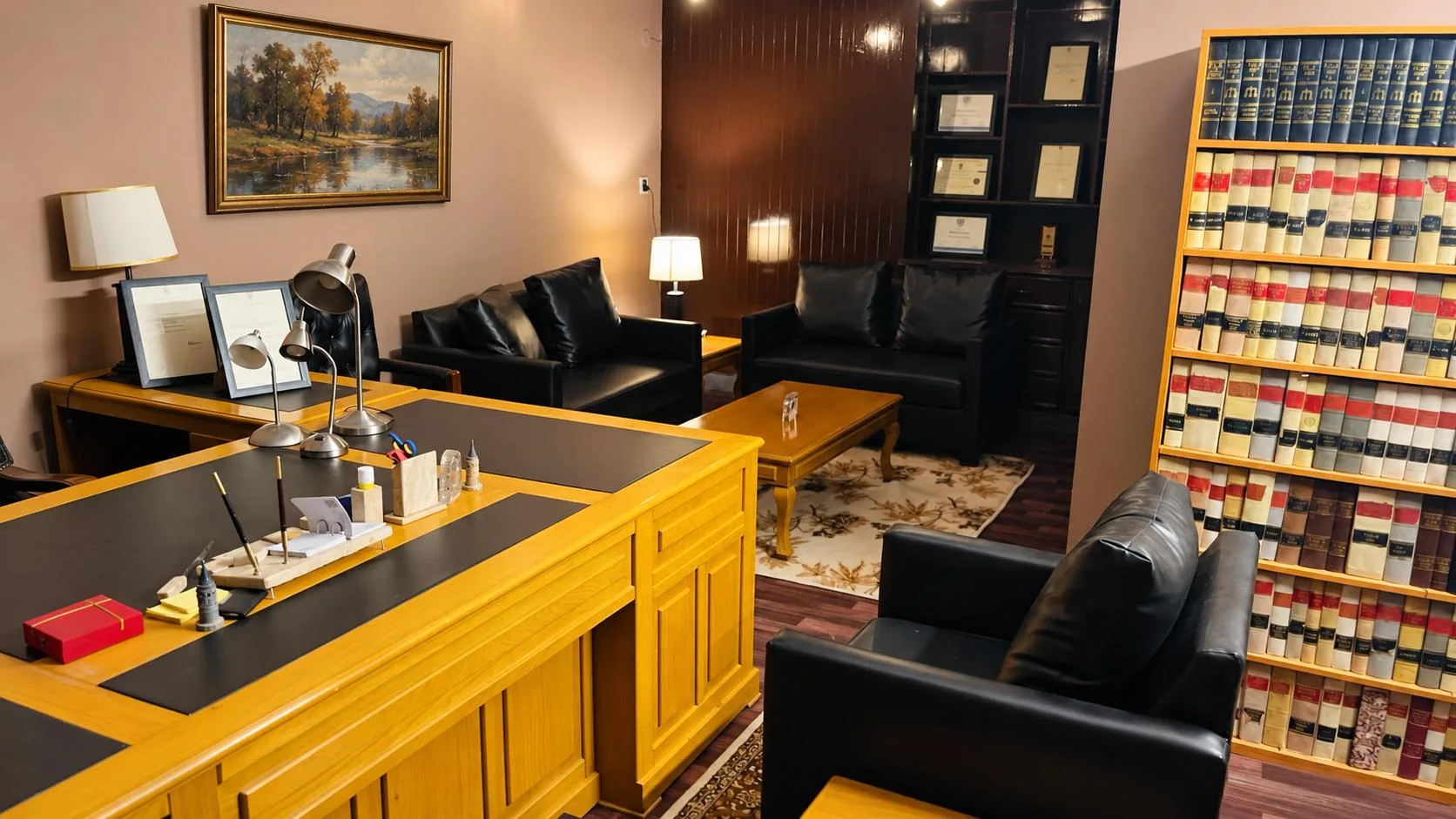 The Ninety Two Chambers office interior in Islamabad, with legal reference books, a reception seating area and a wooden desk.